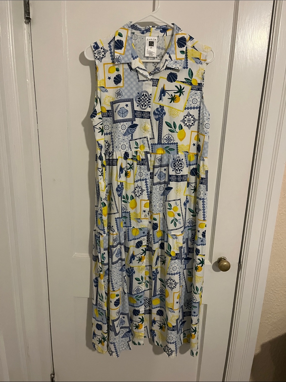 Sleeveless Collared Midi Dress in Lemon print in White, Blue & Yellow